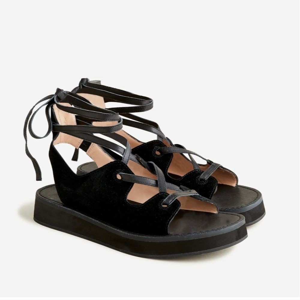 JCrew Lace Up Mini Wedge Sandals Black Suede